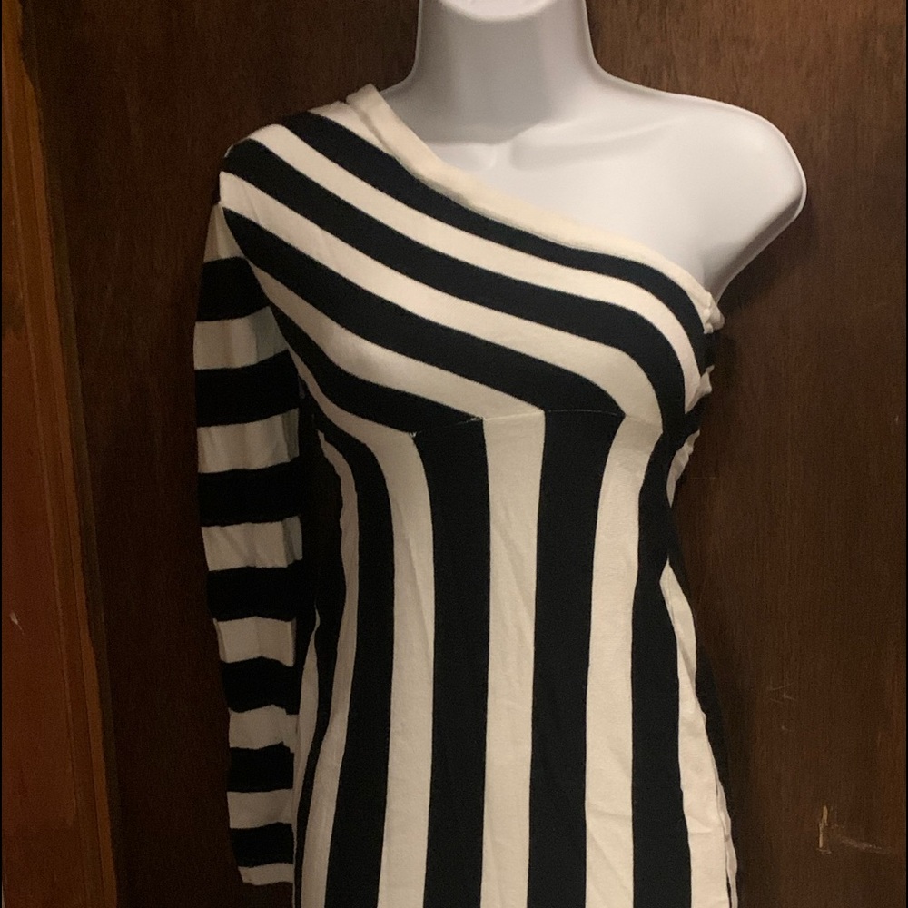 COPY - One shouldered dress. Black and white striped. Kim K collection